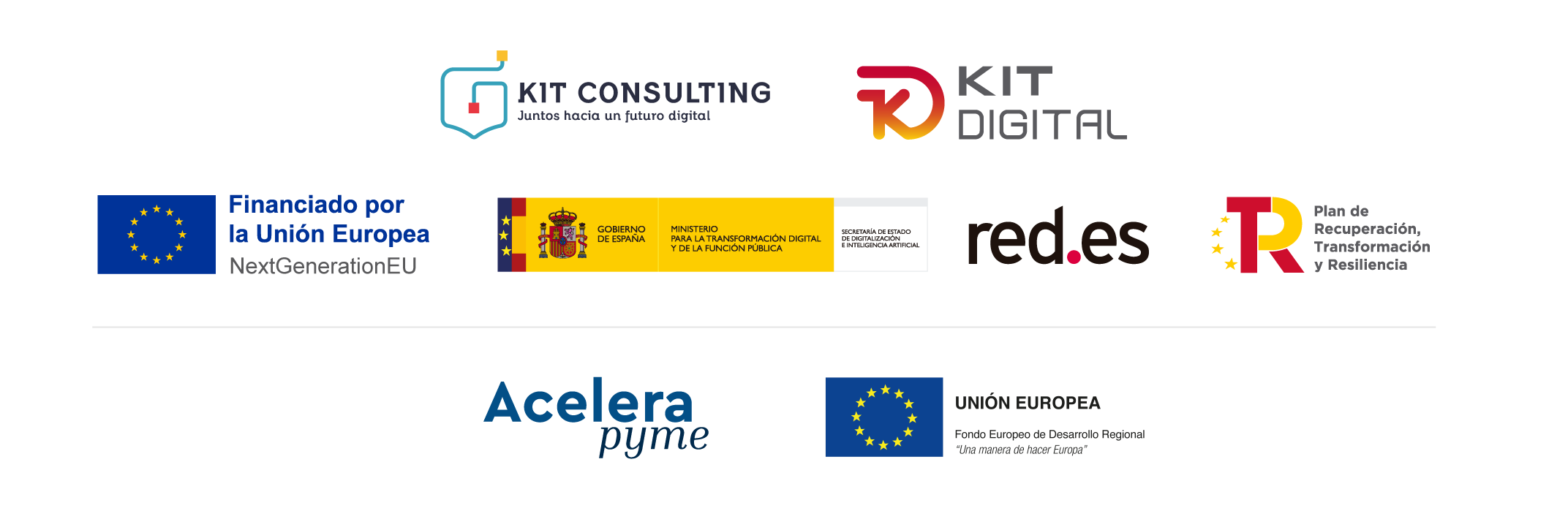 Logos de Kit Digital, Kit Consulting, Unión Europea - Next Generation, Gobierno de Espana, red.es, Plan de Recuperación y Acelera pyme